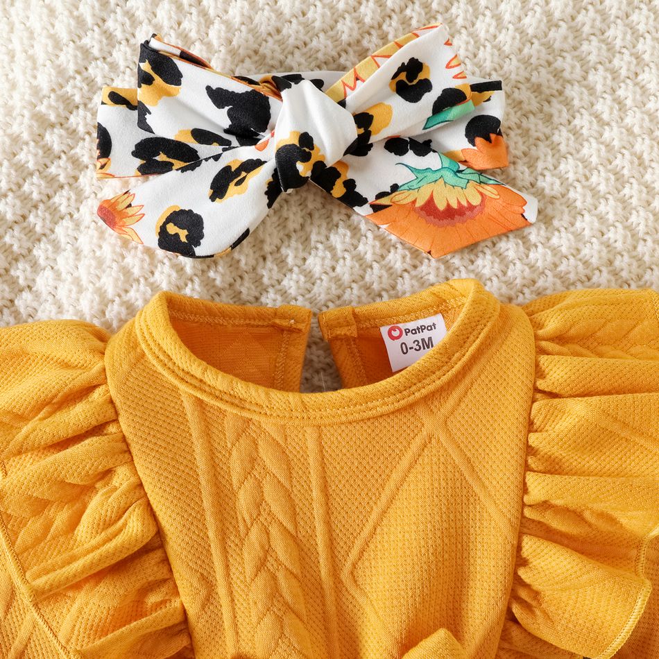 2pcs Baby Girl Sunflower & Leopard Print Spliced Solid Ruffle Trim Long-sleeve Romper and Headband Set Ginger big image 3
