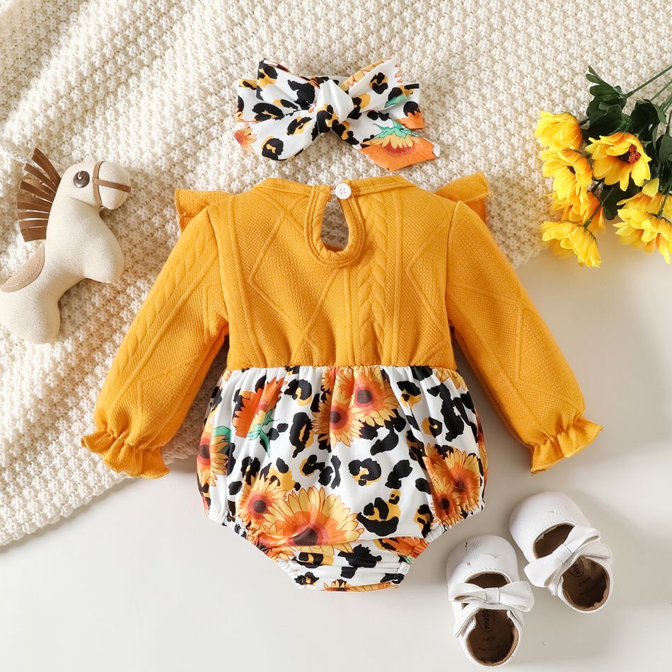 2pcs Baby Girl Sunflower & Leopard Print Spliced Solid Ruffle Trim Long-sleeve Romper and Headband Set Ginger big image 2