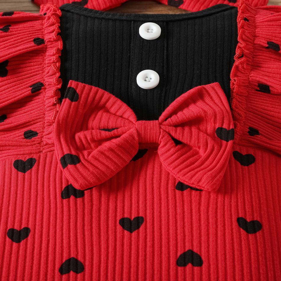 2pcs Baby Girl 95% Cotton Allover Heart Print Ribbed Ruffle Trim Spliced Long-sleeve Bell Bottom Jumpsuit with Headband Set redblack big image 4
