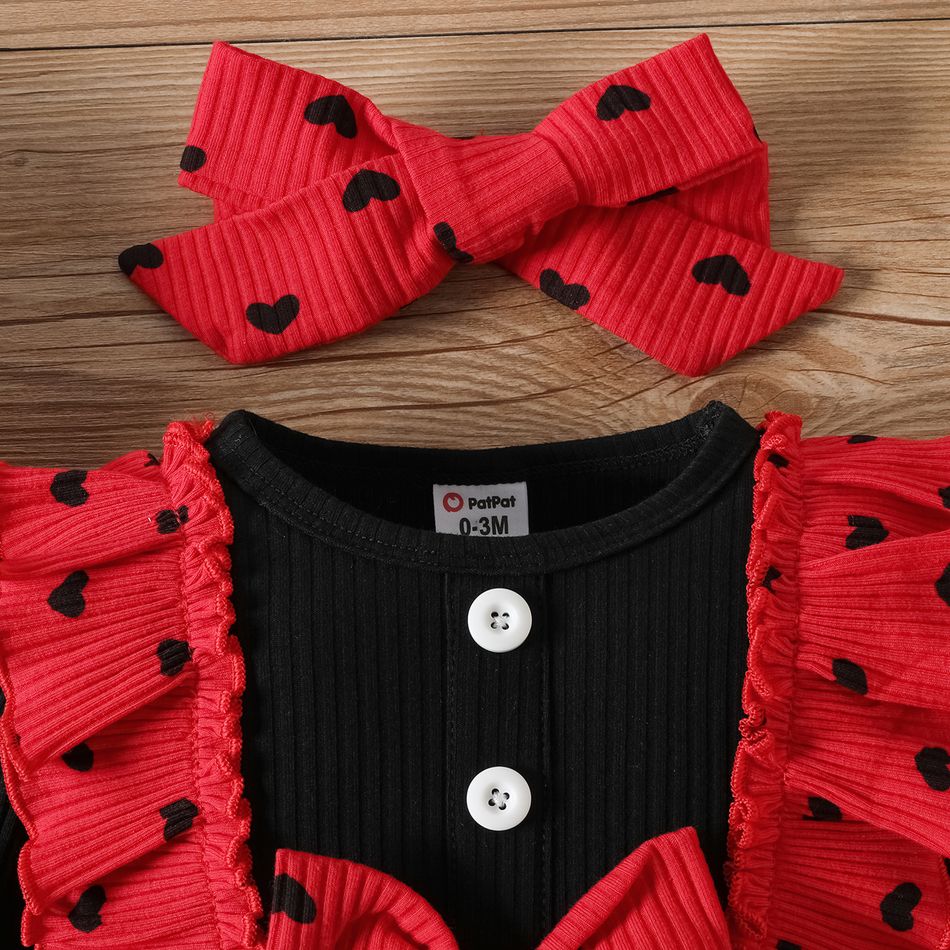 2pcs Baby Girl 95% Cotton Allover Heart Print Ribbed Ruffle Trim Spliced Long-sleeve Bell Bottom Jumpsuit with Headband Set redblack big image 3