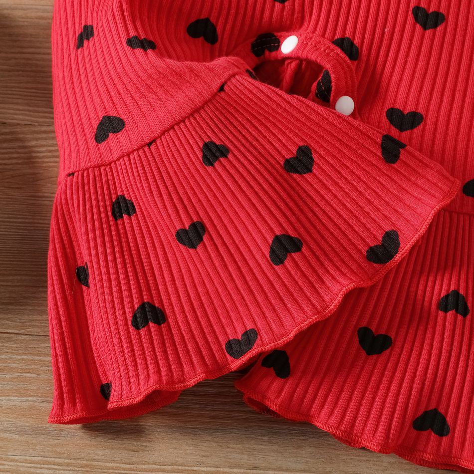 2pcs Baby Girl 95% Cotton Allover Heart Print Ribbed Ruffle Trim Spliced Long-sleeve Bell Bottom Jumpsuit with Headband Set redblack