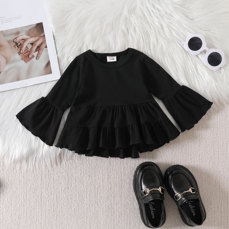 3pcs Baby Girl Black Flare-sleeve Tiered High Low Hem Top and Checkered Flared Pants with Headband Set Black big image 3