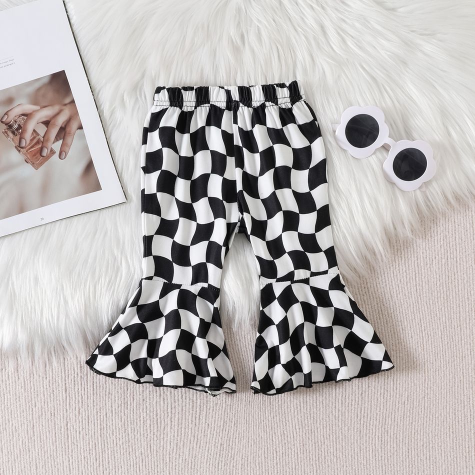3pcs Baby Girl Black Flare-sleeve Tiered High Low Hem Top and Checkered Flared Pants with Headband Set Black big image 6