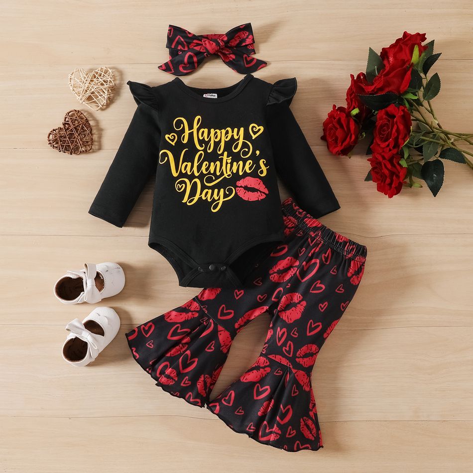 Valentine's Day 3pcs Baby Girl 95% Cotton Ruffle Long-sleeve Letter Graphic Romper and Allover Lips & Heart Print Flared Pants with Headband Set Black