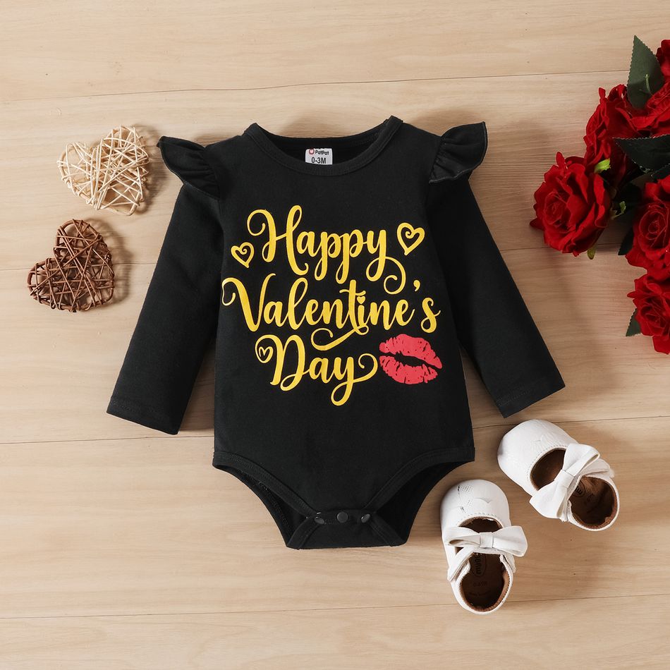 Valentine's Day 3pcs Baby Girl 95% Cotton Ruffle Long-sleeve Letter Graphic Romper and Allover Lips & Heart Print Flared Pants with Headband Set Black big image 3
