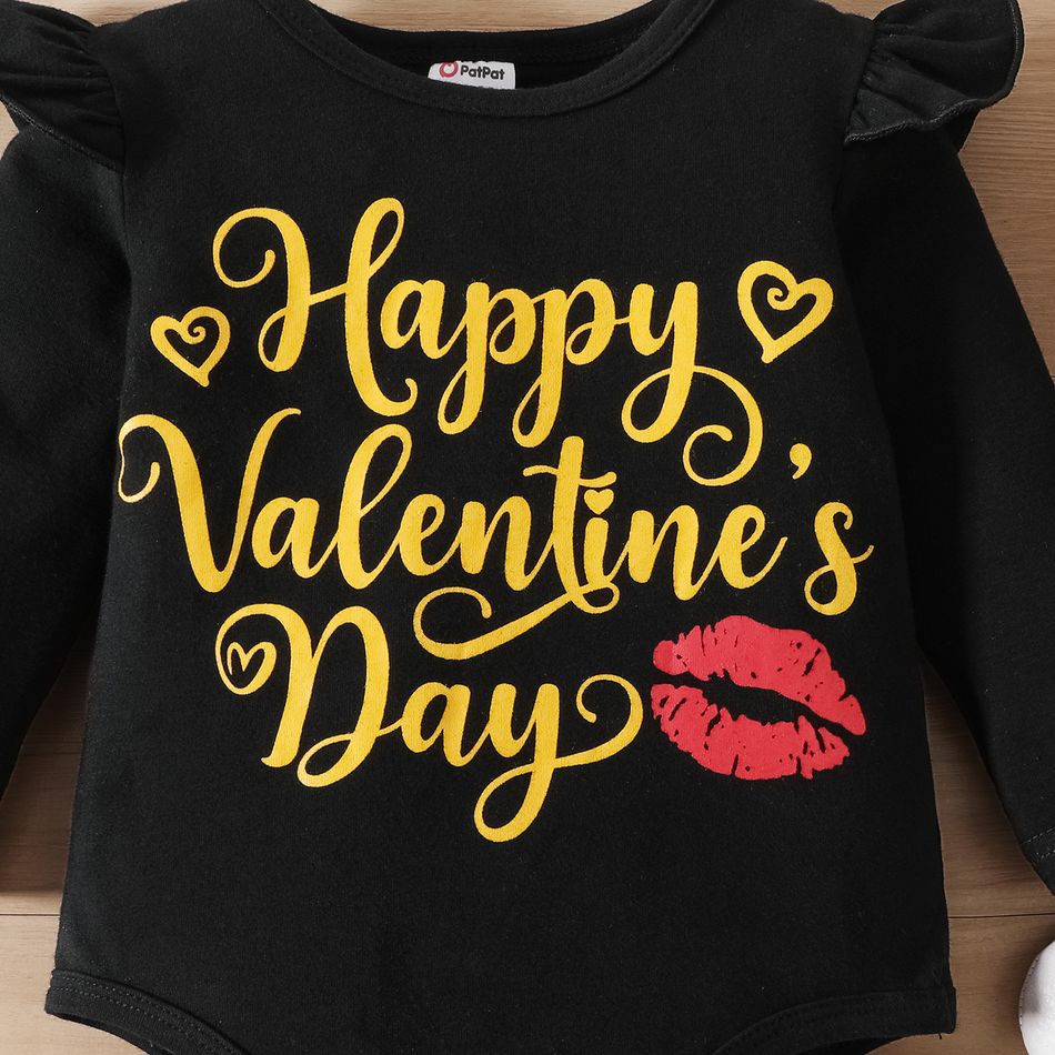 Valentine's Day 3pcs Baby Girl 95% Cotton Ruffle Long-sleeve Letter Graphic Romper and Allover Lips & Heart Print Flared Pants with Headband Set Black big image 4