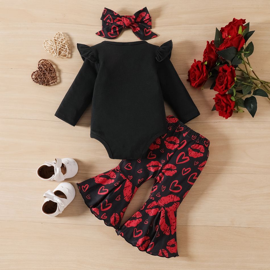 Valentine's Day 3pcs Baby Girl 95% Cotton Ruffle Long-sleeve Letter Graphic Romper and Allover Lips & Heart Print Flared Pants with Headband Set Black big image 2