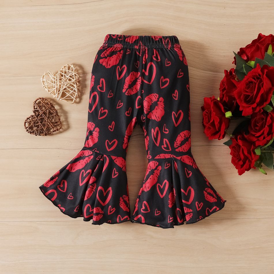Valentine's Day 3pcs Baby Girl 95% Cotton Ruffle Long-sleeve Letter Graphic Romper and Allover Lips & Heart Print Flared Pants with Headband Set Black big image 5