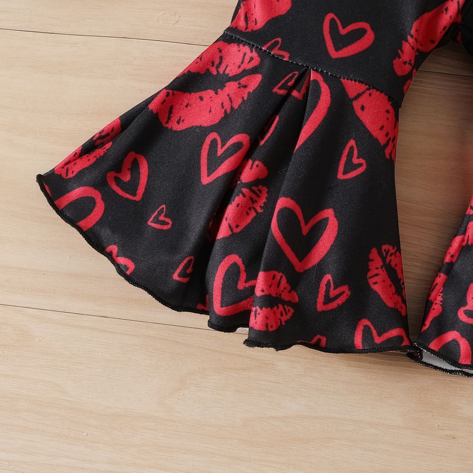 Valentine's Day 3pcs Baby Girl 95% Cotton Ruffle Long-sleeve Letter Graphic Romper and Allover Lips & Heart Print Flared Pants with Headband Set Black big image 7