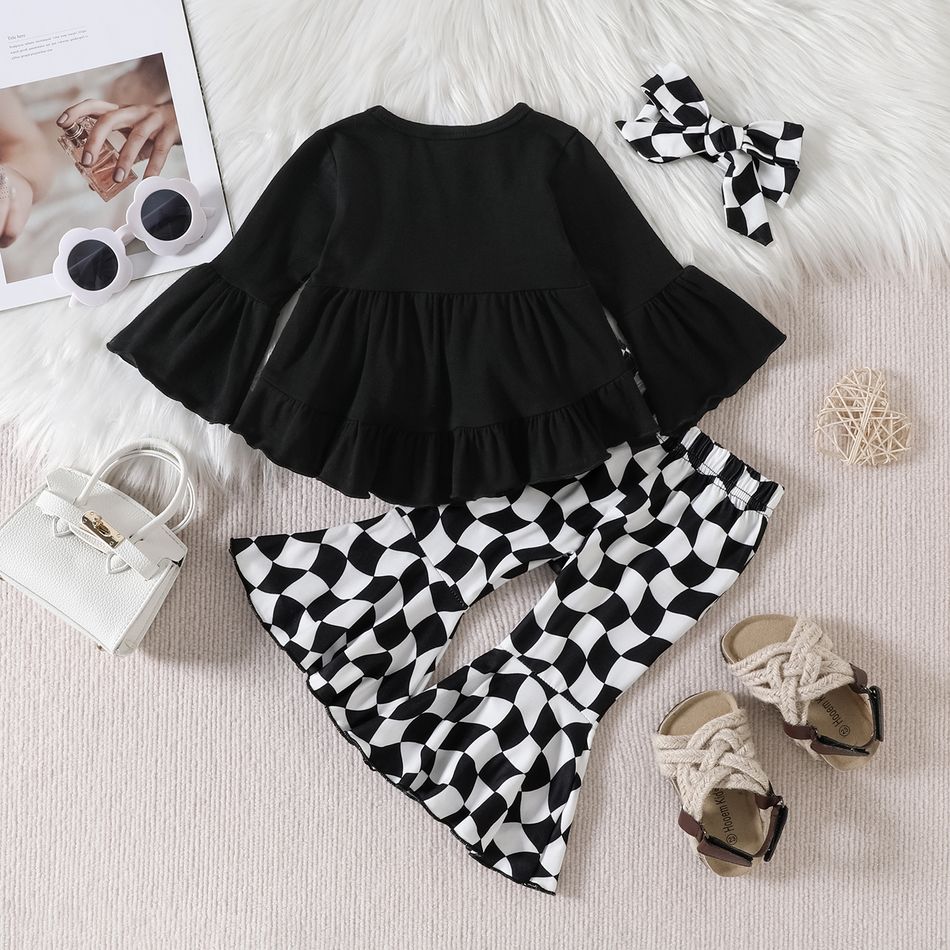 3pcs Baby Girl Black Flare-sleeve Tiered High Low Hem Top and Checkered Flared Pants with Headband Set Black big image 2