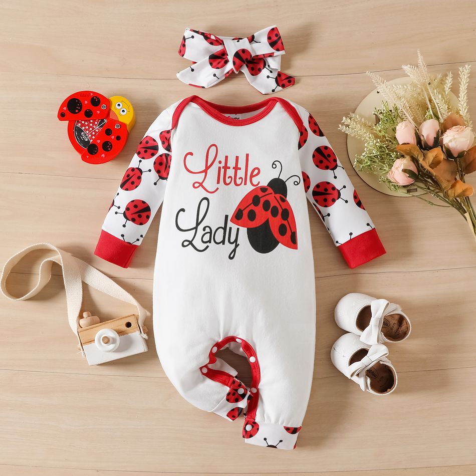2pcs Baby Girl 95% Cotton Long-sleeve Ladybird & Letter Print Jumpsuit & Headband Set White big image 1