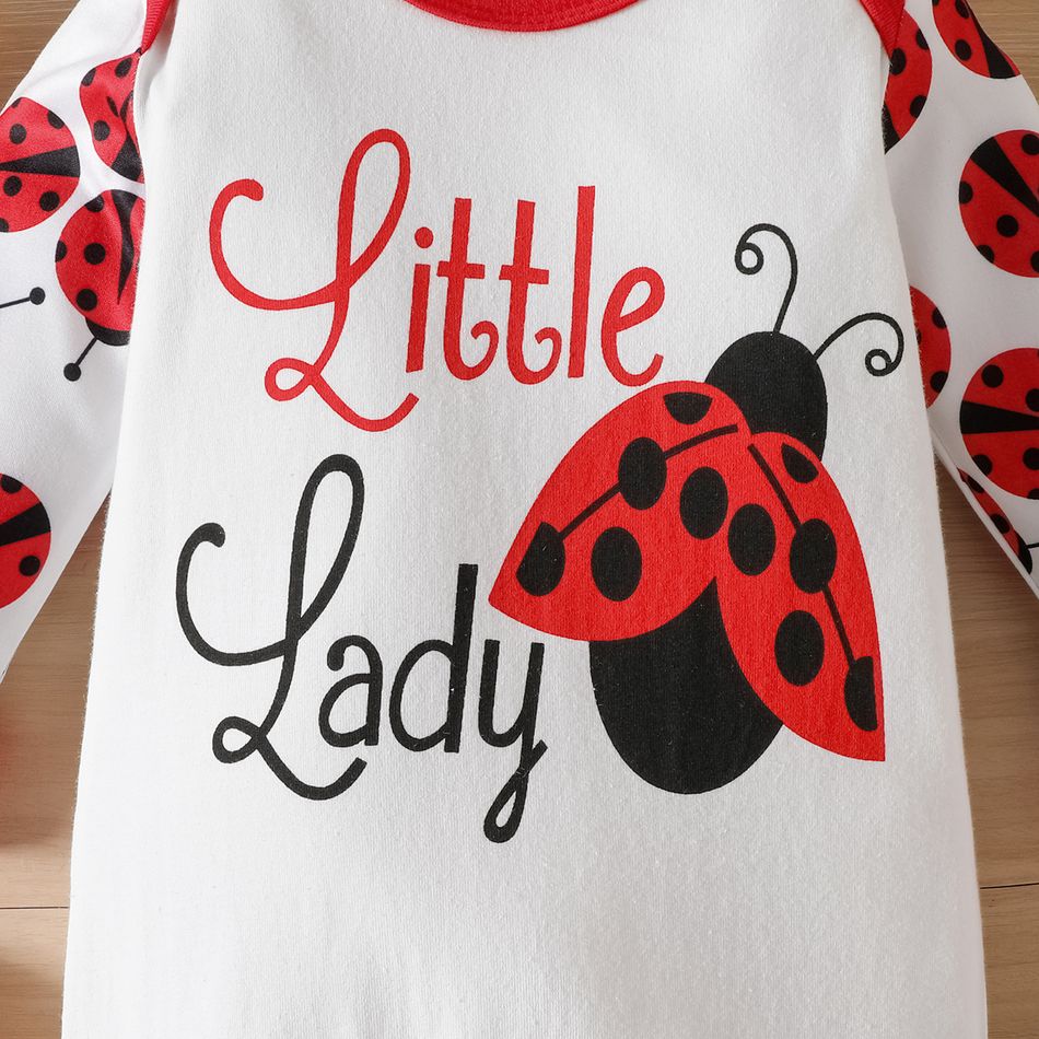 2pcs Baby Girl 95% Cotton Long-sleeve Ladybird & Letter Print Jumpsuit & Headband Set White big image 4