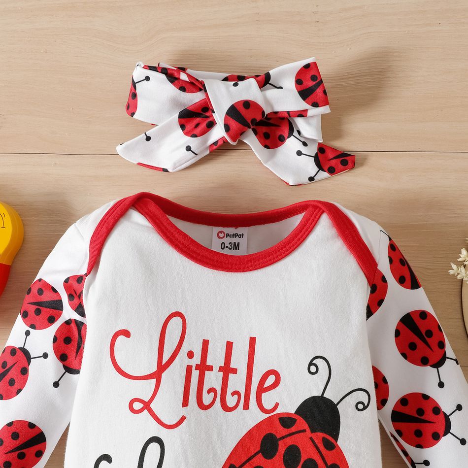2pcs Baby Girl 95% Cotton Long-sleeve Ladybird & Letter Print Jumpsuit & Headband Set White big image 3