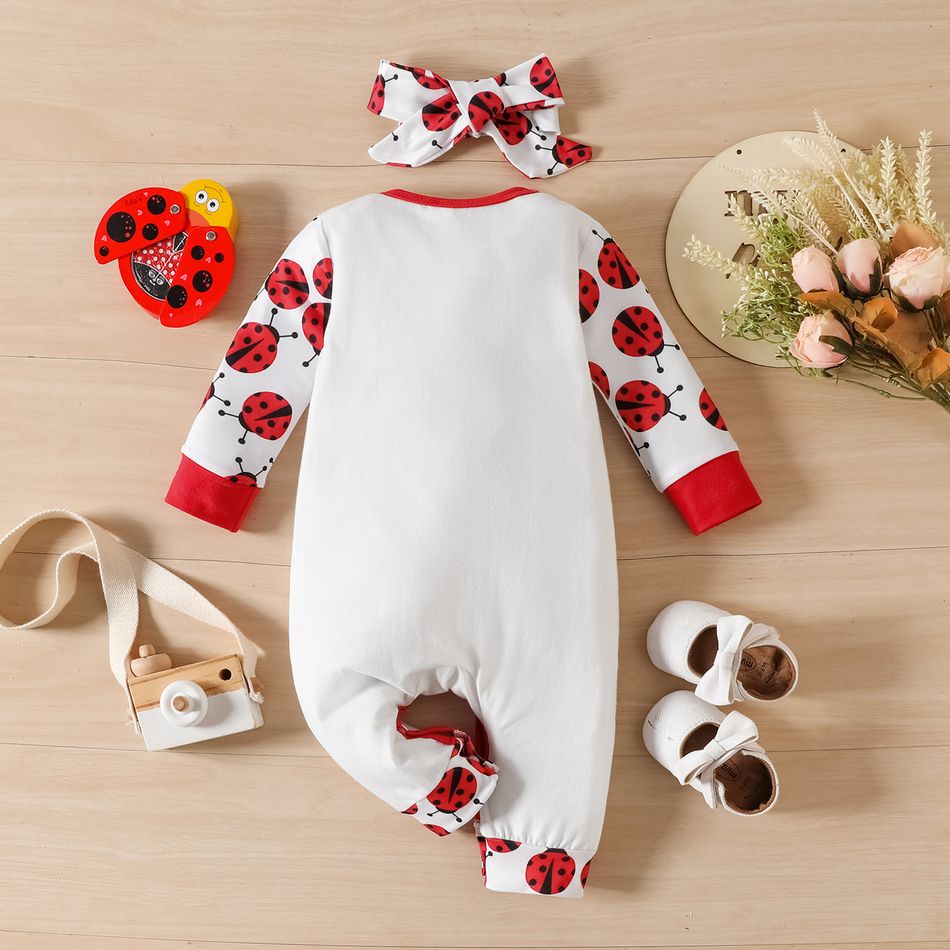 2pcs Baby Girl 95% Cotton Long-sleeve Ladybird & Letter Print Jumpsuit & Headband Set White big image 2