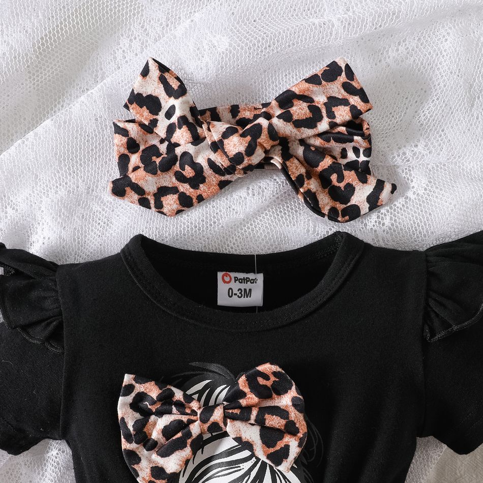 2pcs Baby Girl 95% Cotton Figure Graphic Spliced Leopard Print Ruffle Short-sleeve Romper & Headband Set Black big image 3