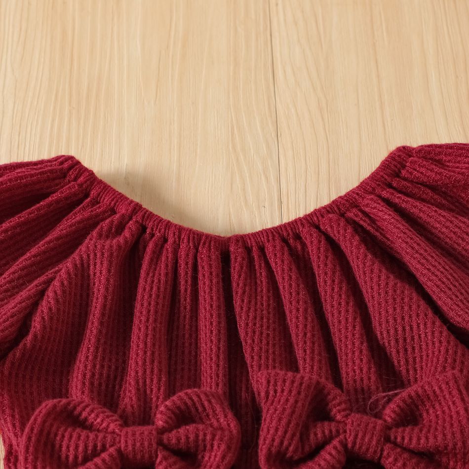 Baby Girl Pom Poms Detail Bow Front Waffle Textured Short-sleeve Romper MAROON big image 4