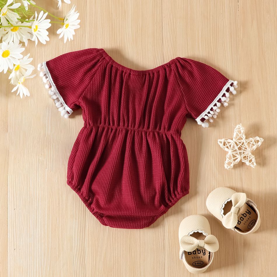 Baby Girl Pom Poms Detail Bow Front Waffle Textured Short-sleeve Romper MAROON big image 3