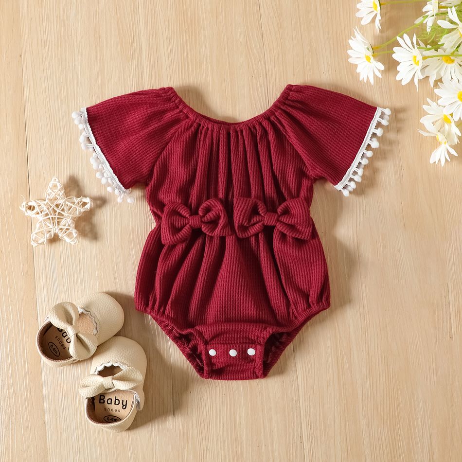 Baby Girl Pom Poms Detail Bow Front Waffle Textured Short-sleeve Romper MAROON big image 1