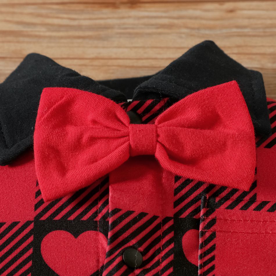 Valentine's Day Baby Boy Contrast Polo Neck Short-sleeve Heart & Checkered Print Gentleman Bow Tie Romper Red big image 4