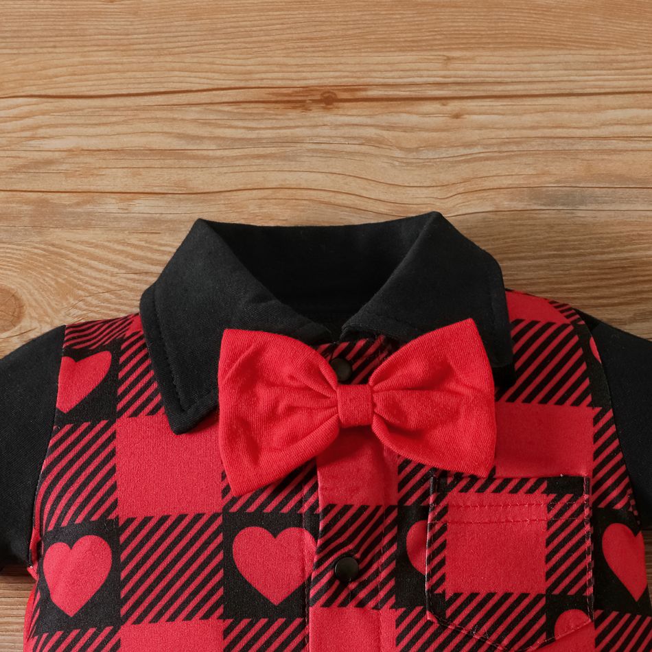 Valentine's Day Baby Boy Contrast Polo Neck Short-sleeve Heart & Checkered Print Gentleman Bow Tie Romper Red big image 3
