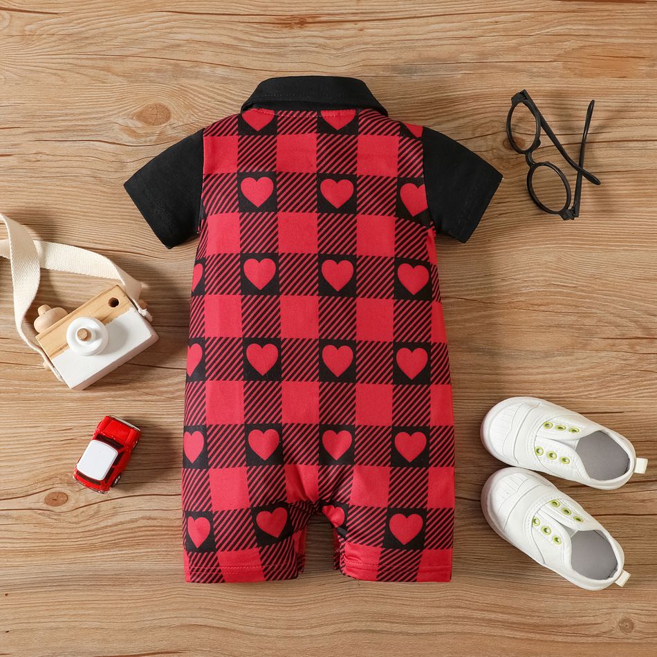 Valentine's Day Baby Boy Contrast Polo Neck Short-sleeve Heart & Checkered Print Gentleman Bow Tie Romper Red big image 2