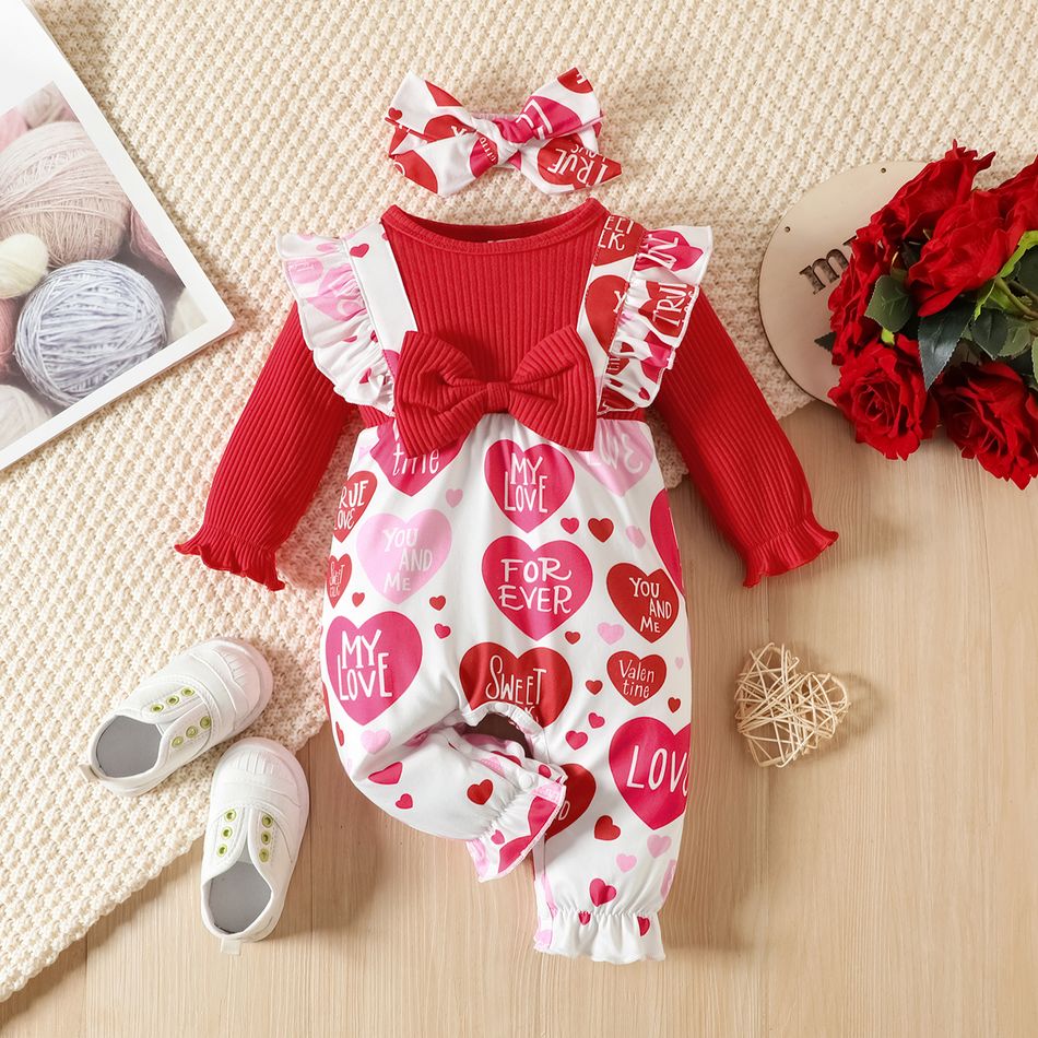 Valentine's Day Baby Girl 95% Cotton Ribbed Spliced Heart & Letter Print Ruffle Trim Long-sleeve Jumpsuit with Headband Set Red big image 1