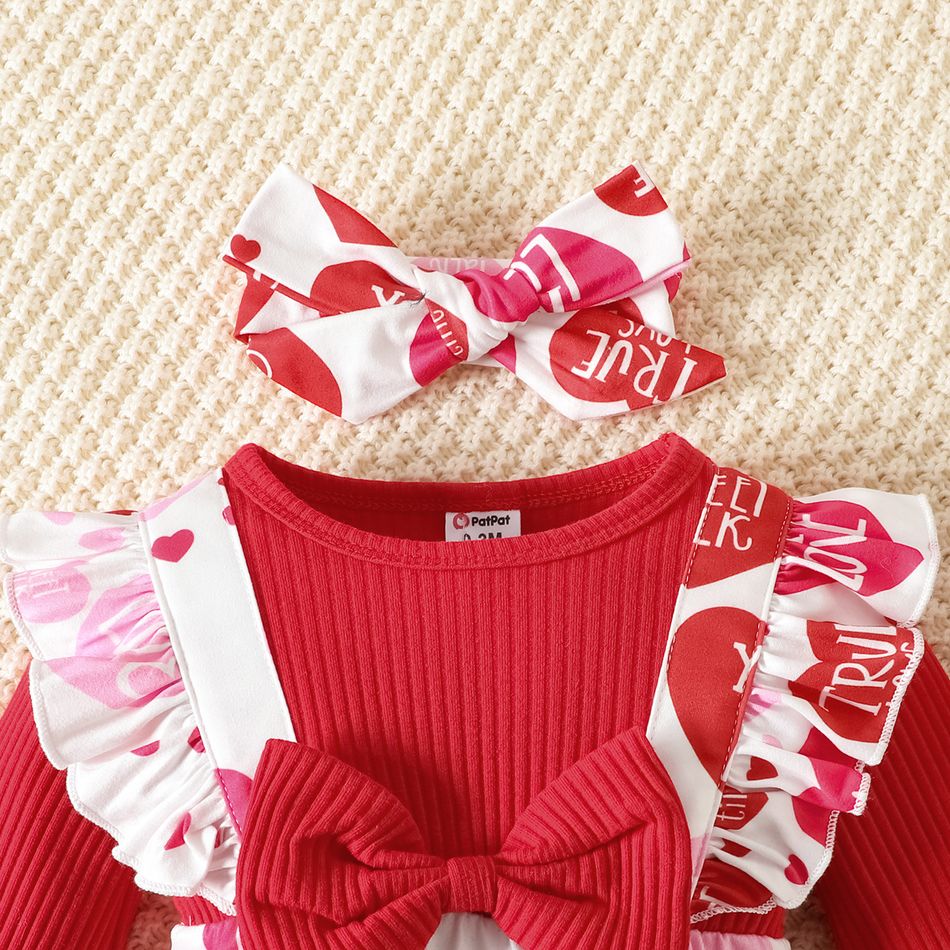 Valentine's Day Baby Girl 95% Cotton Ribbed Spliced Heart & Letter Print Ruffle Trim Long-sleeve Jumpsuit with Headband Set Red big image 3
