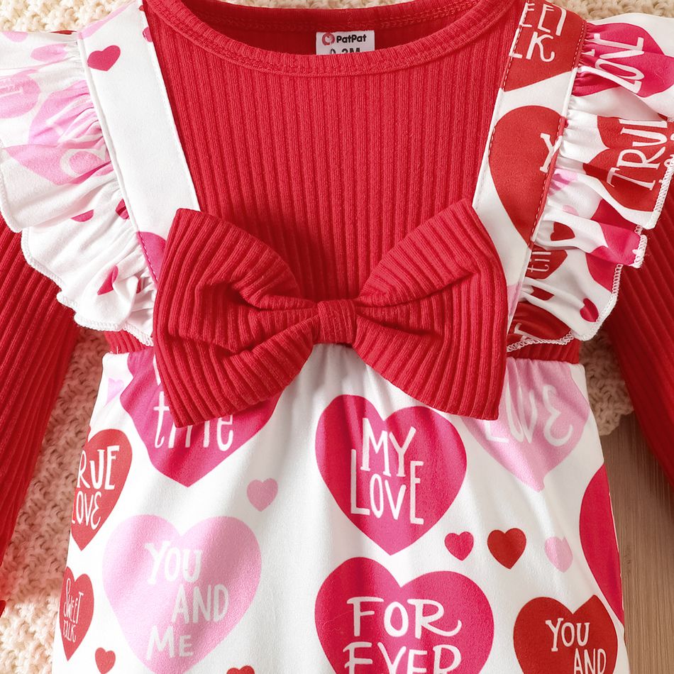 Valentine's Day Baby Girl 95% Cotton Ribbed Spliced Heart & Letter Print Ruffle Trim Long-sleeve Jumpsuit with Headband Set Red big image 4