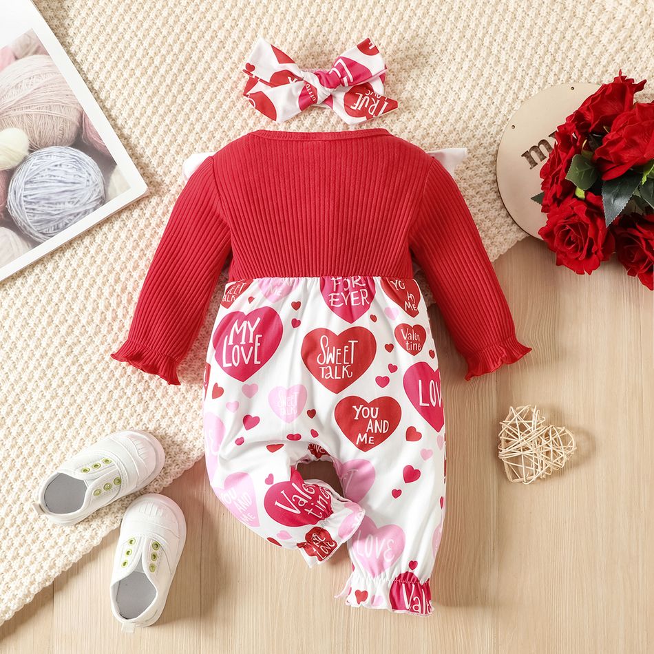 Valentine's Day Baby Girl 95% Cotton Ribbed Spliced Heart & Letter Print Ruffle Trim Long-sleeve Jumpsuit with Headband Set Red big image 2