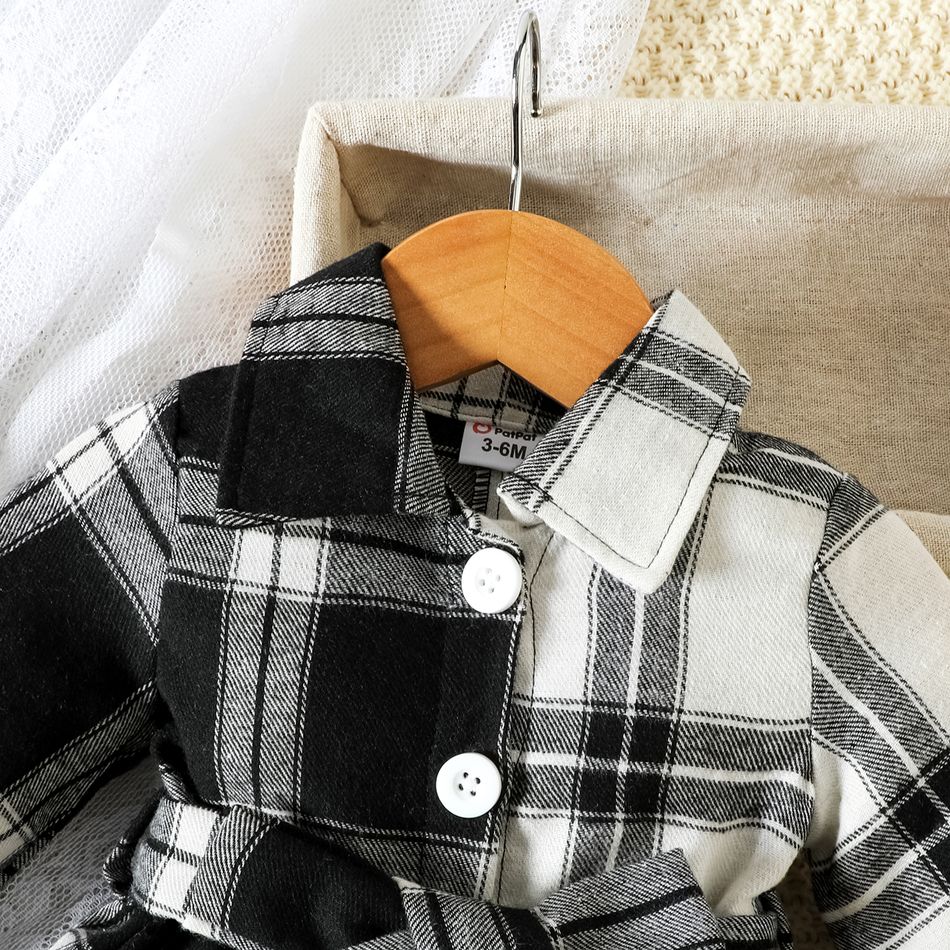 Baby Girl Two Tone Plaid Long-sleeve Belted Button Up Shirt Dress BlackandWhite big image 3