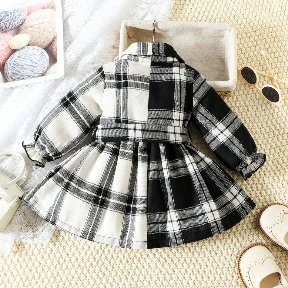 Baby Girl Two Tone Plaid Long-sleeve Belted Button Up Shirt Dress BlackandWhite big image 2