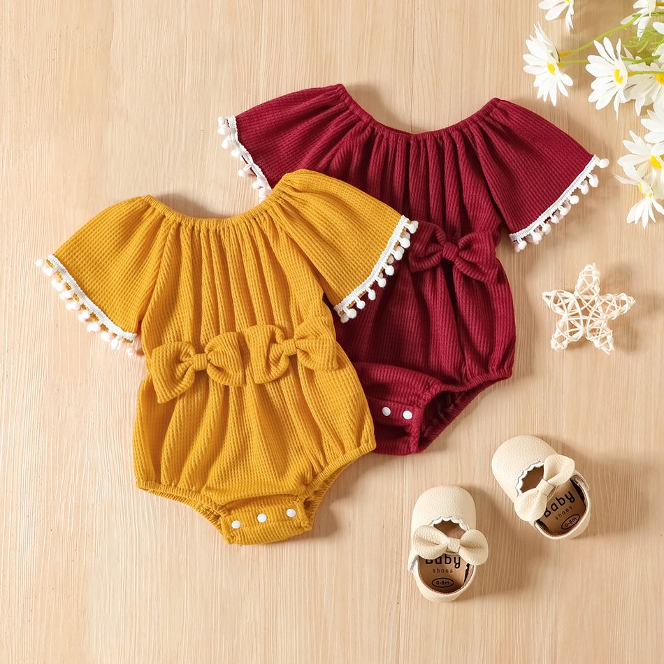 Baby Girl Pom Poms Detail Bow Front Waffle Textured Short-sleeve Romper MAROON big image 2