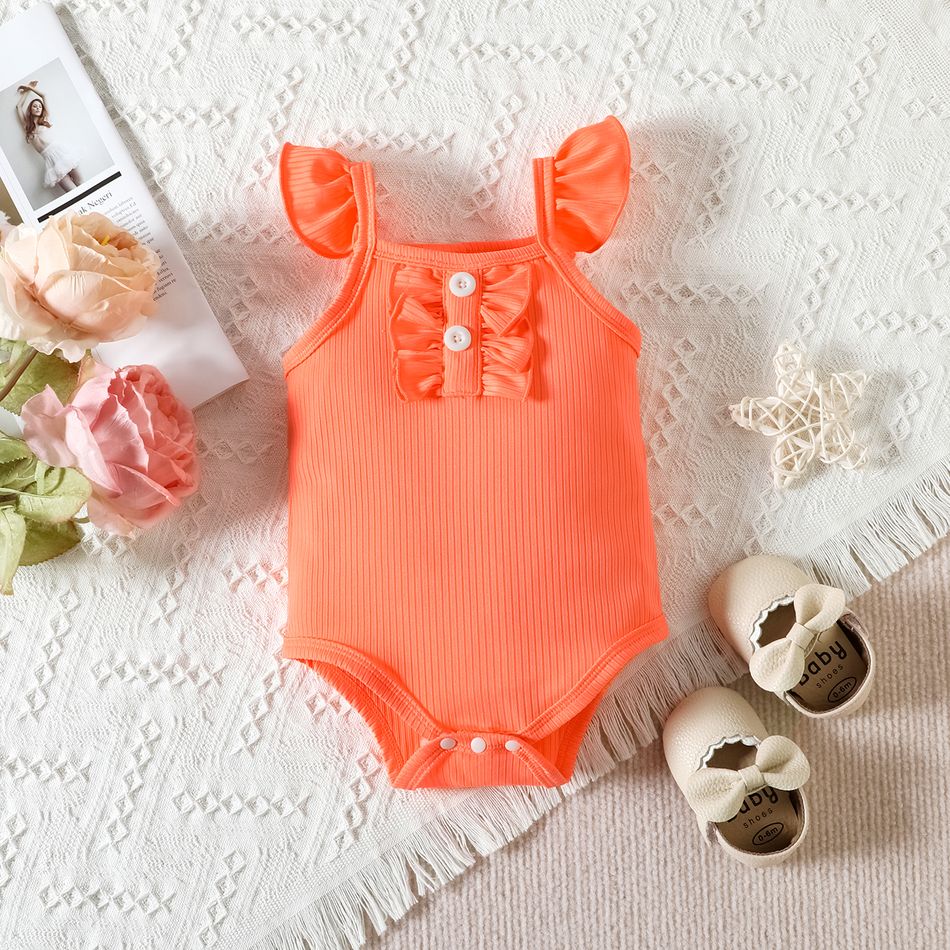 3pcs Baby Girl Solid Ribbed Flutter-sleeve Romper and Floral Print Bow Decor Layered Ruffle Trim Flared Pants & Headband Set Lightorangepowder big image 3