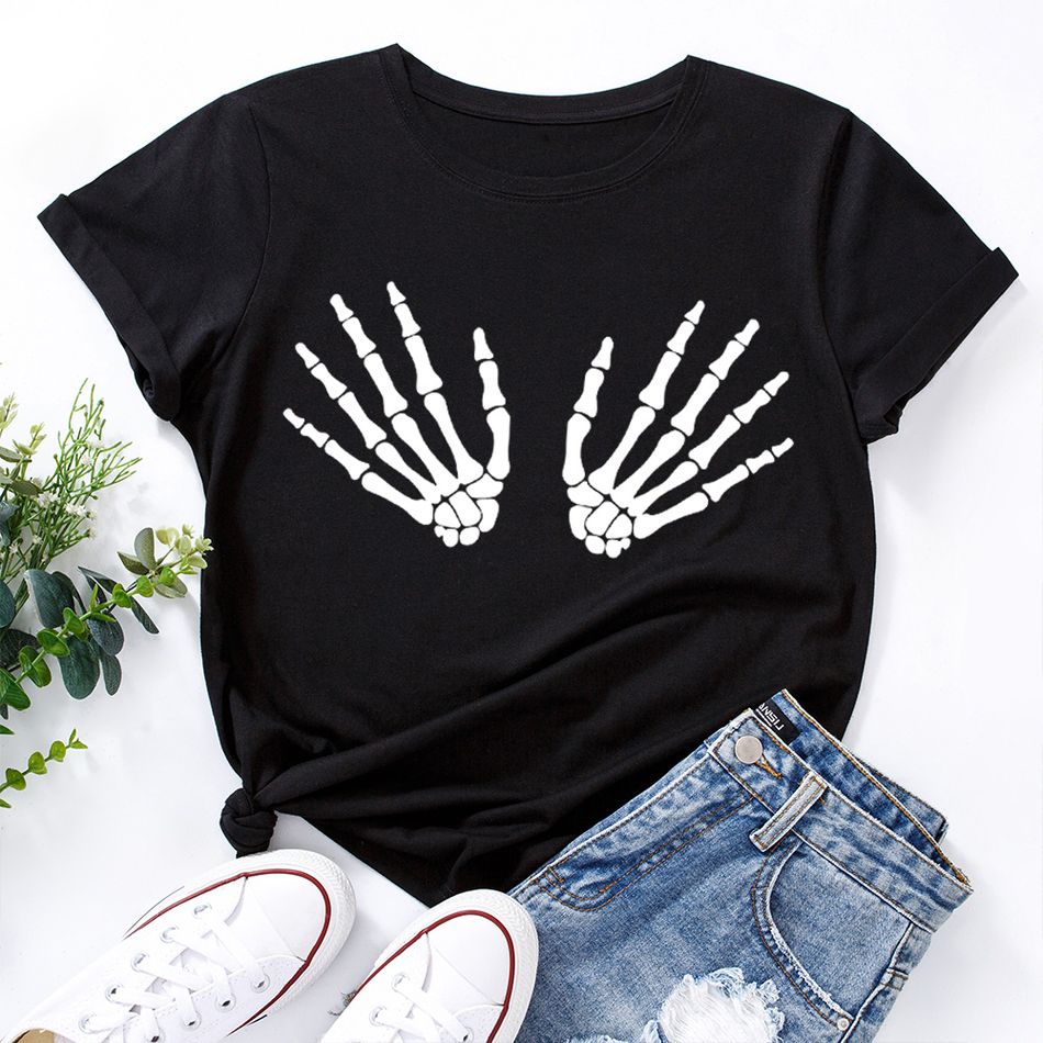 Round collar Skeleton Litooffset print Short Sleeve casual T-shirt Black