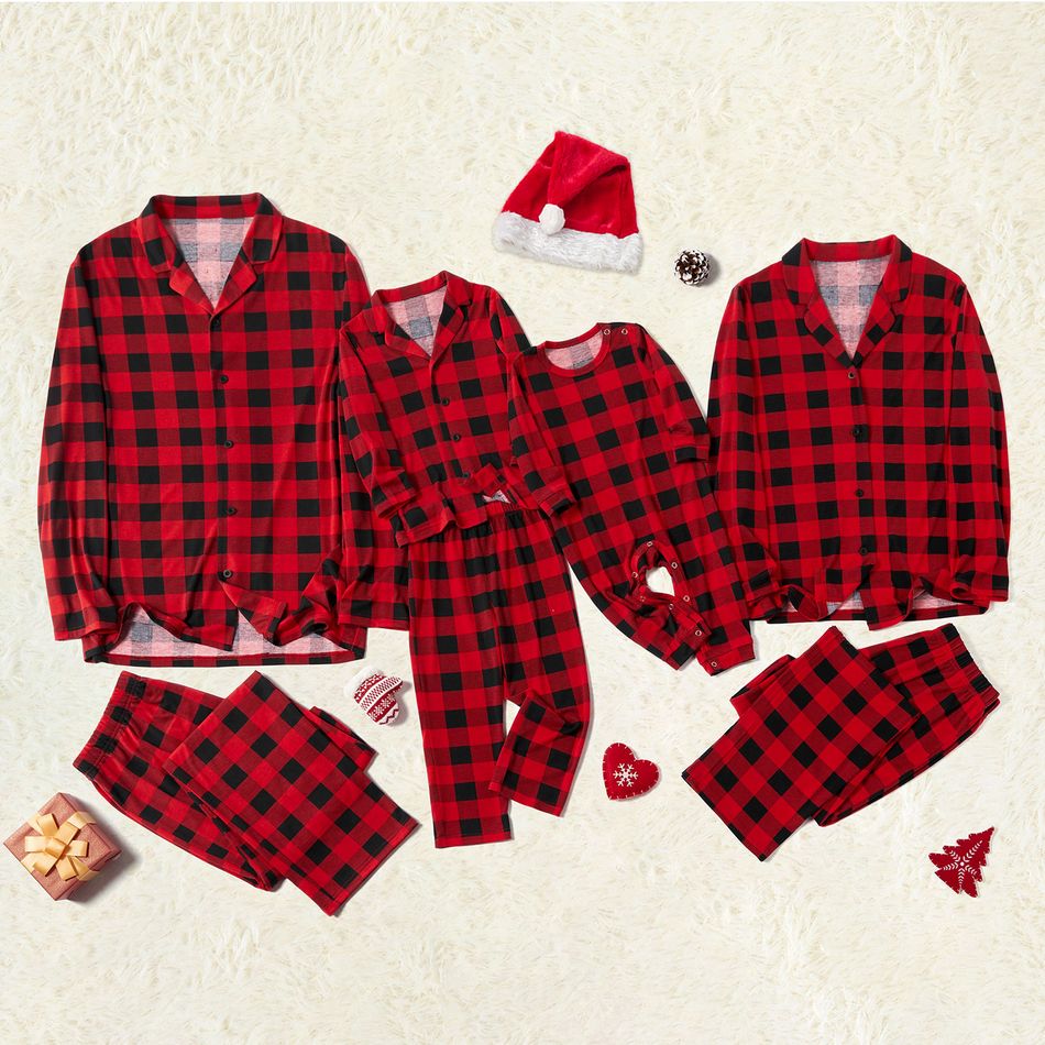 Family Matching Polo Collar Plaid Christmas Pajamas Sets (Flame Resistant) Red