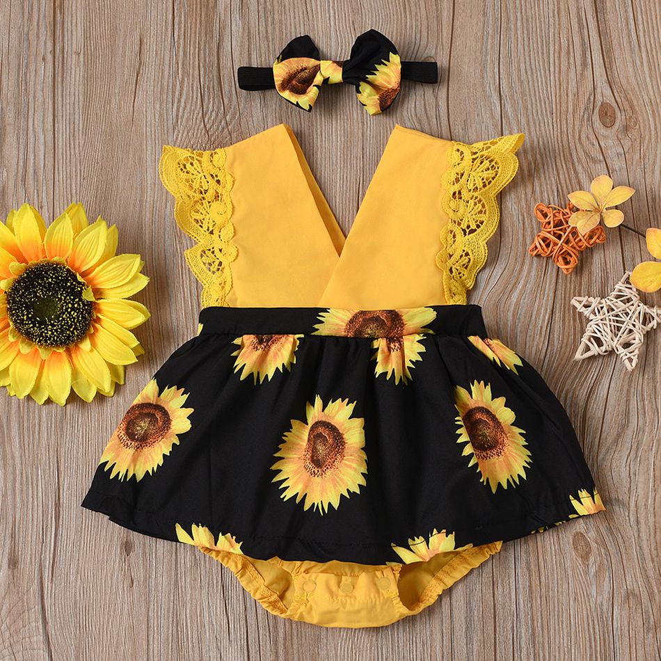 2pcs V Collar Lace Sunflower Flutter-sleeve Baby Sets Yellow