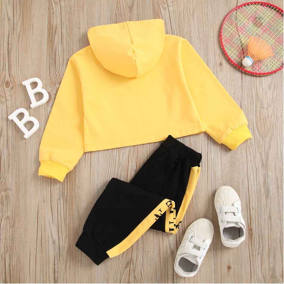 2-piece Toddler Girl Letter Print Yellow Hoodie Sweatshirt and Colorblock Elasticized Pants Casual Set Yellow big image 2