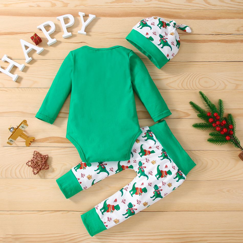 Baby 3pcs Christmas Letter and Animals Print Red Long-sleeve Set Green big image 2