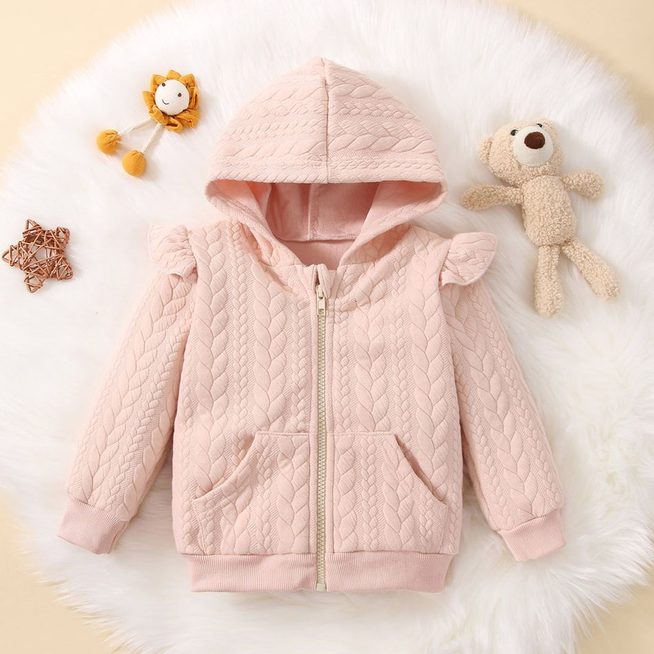 Toddler Girl Ruffled Cable Knit Textured Zipper Hooded Coat Jacket Light Pink