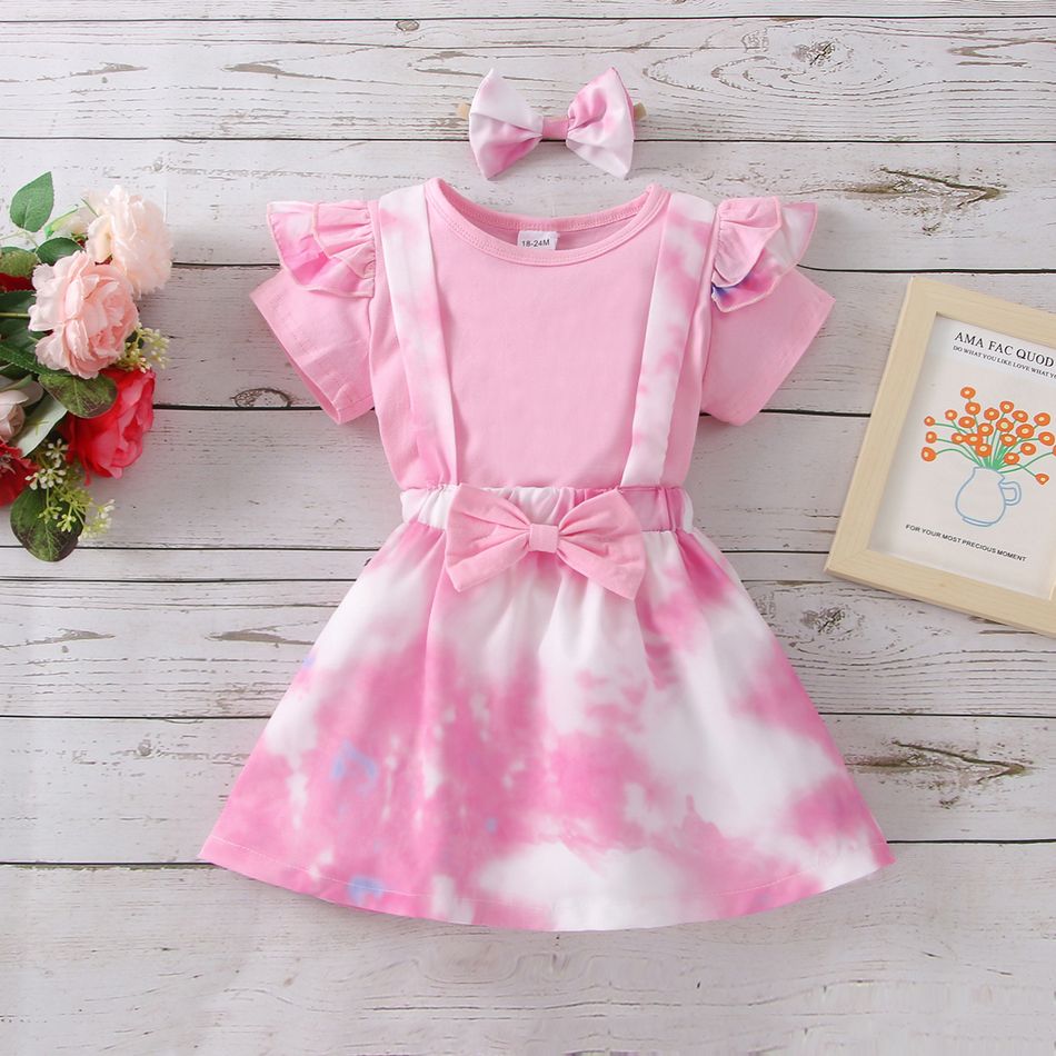 2pcs Toddler Girl Ruffled Short-sleeve Pink Tee and Bowknot Design Tie Dyed Suspender Skirt Set Pink