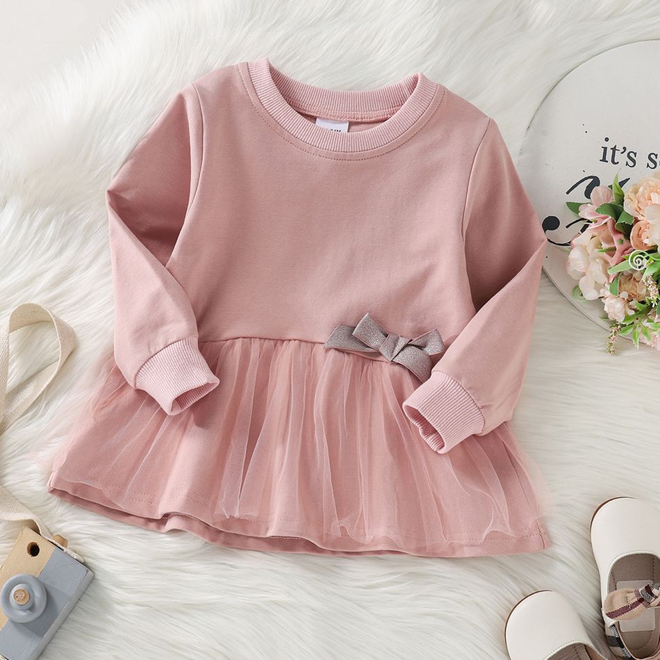 Toddler Girl Bowknot Decor Mesh Splice Pullover Sweatshirt Pink