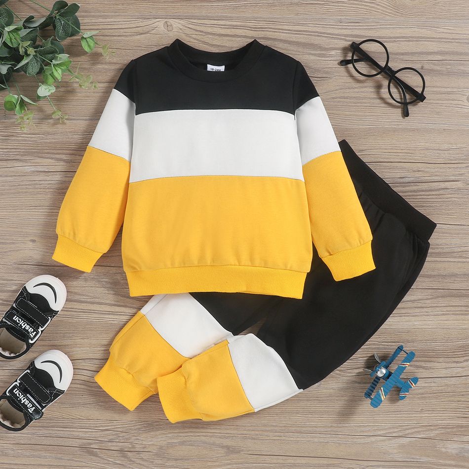 2-piece Toddler Girl/Boy Colorblock Pullover and Elasticized Pants Set Yellow big image 1