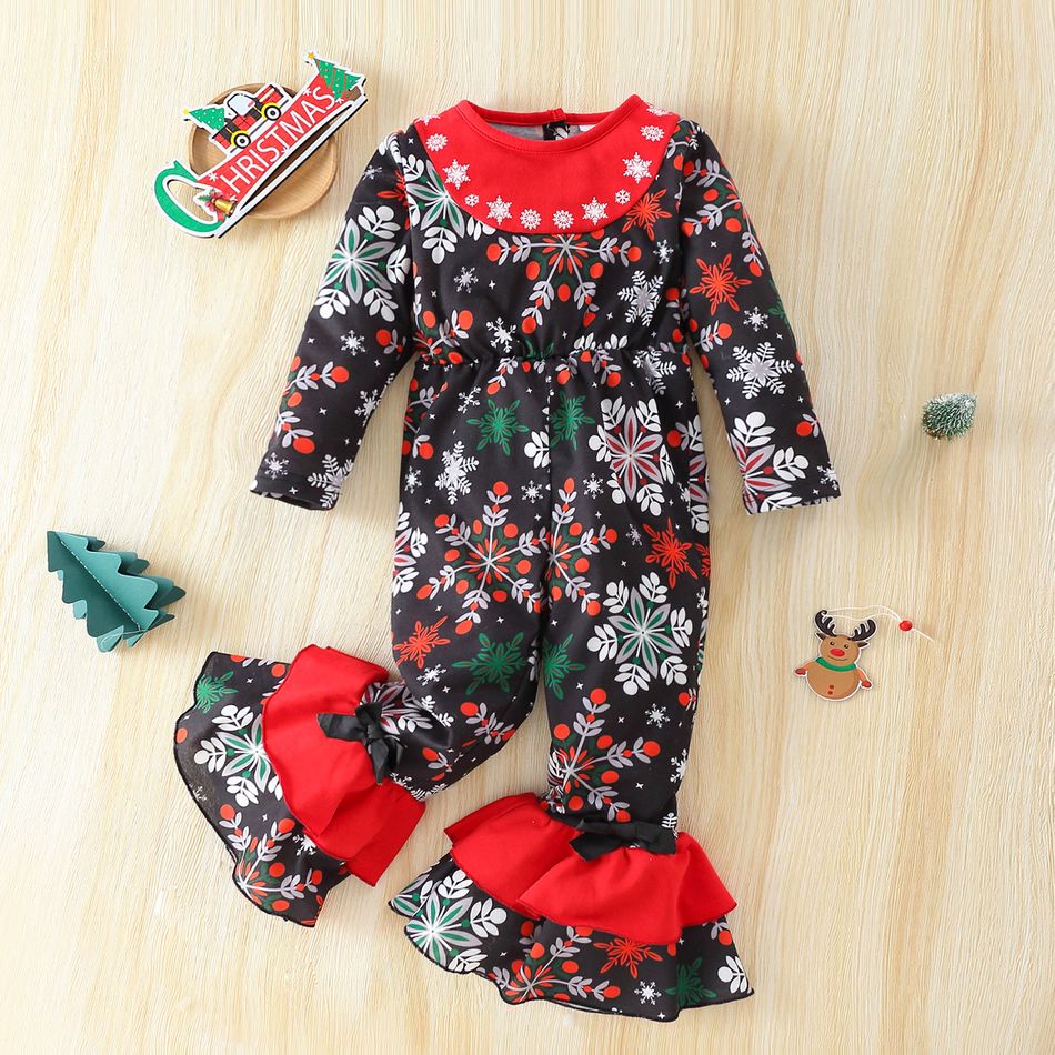 Toddler Girl Christmas Floral/Cartton Print Back Bottom Design Layered Flared Bottom Jumpsuit Black
