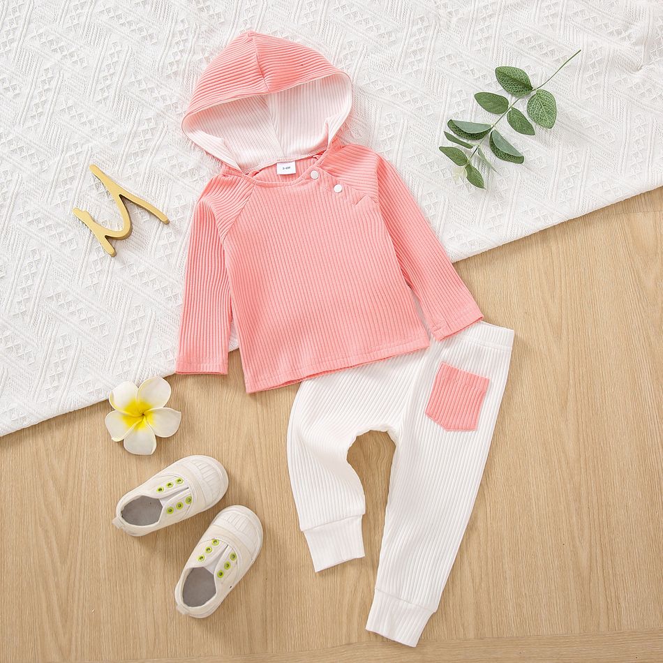 2pcs Baby Boy/Girl Solid Ribbed Long-sleeve Hooded Top and Trousers Set Pink