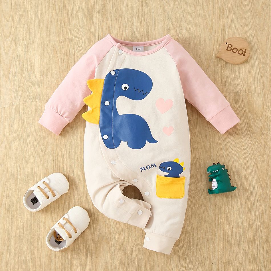 Mother's Day Baby Boy/Girl Cartoon Dinosaur Print Long Raglan Sleeve Jumpsuit Pink