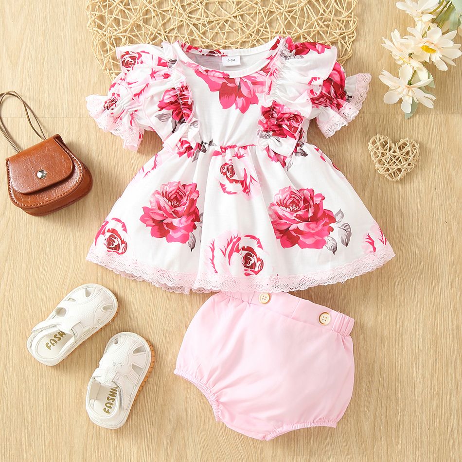 2pcs Baby Girl All Over Floral Print Lace Ruffle Puff Sleeve Dress and Solid Shorts Set Light Pink