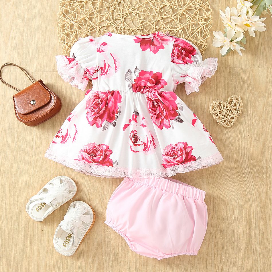 2pcs Baby Girl All Over Floral Print Lace Ruffle Puff Sleeve Dress and Solid Shorts Set Light Pink big image 2
