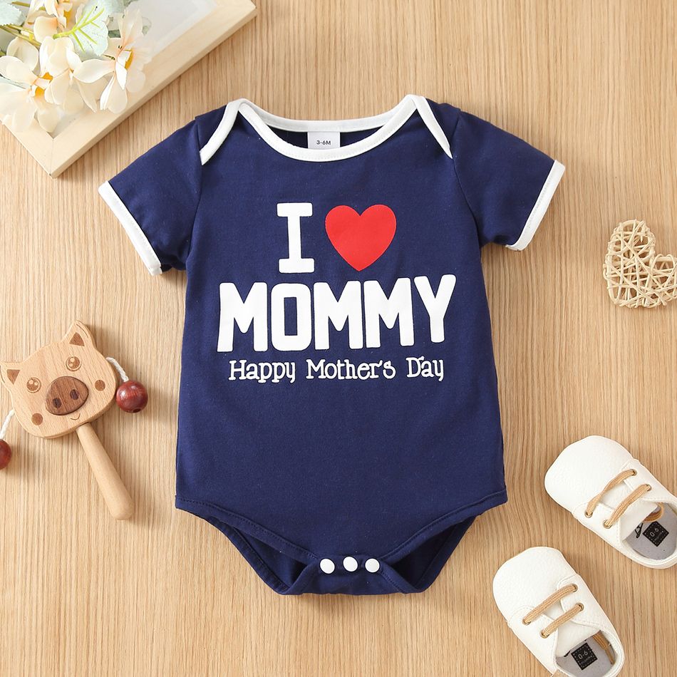 Mother's Day Baby Boy/Girl Love Heart and Letter Print Short-sleeve Romper Navy big image 1