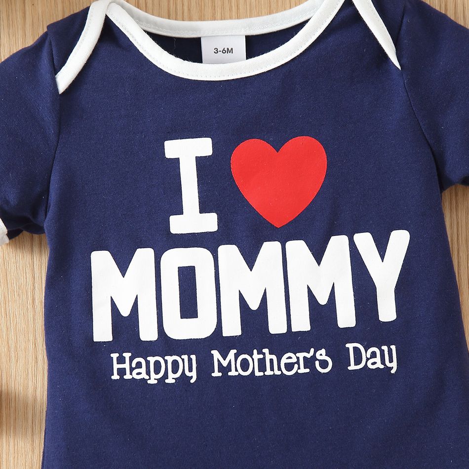 Mother's Day Baby Boy/Girl Love Heart and Letter Print Short-sleeve Romper Navy big image 6