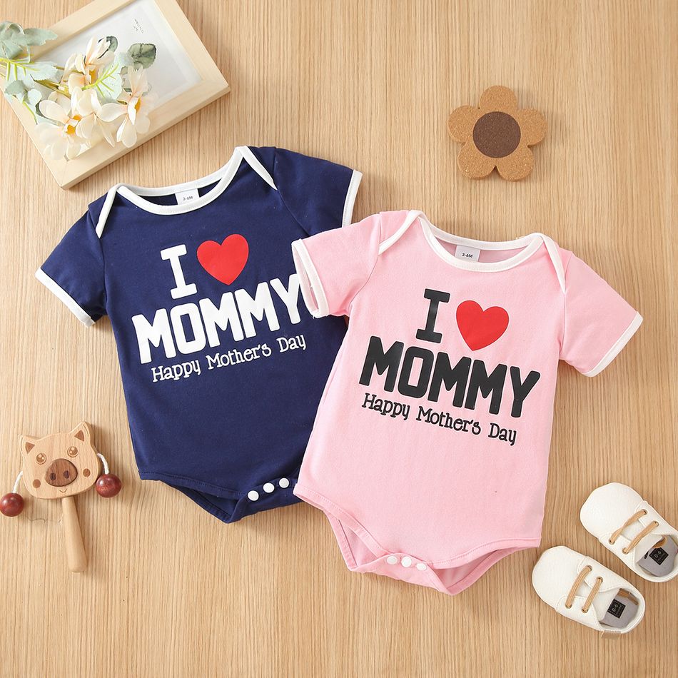 Mother's Day Baby Boy/Girl Love Heart and Letter Print Short-sleeve Romper Navy big image 2